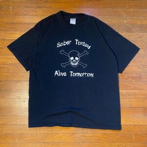 Sober Today Alive Tomorrow Vintage Y2K Skull T-Shirt Mens Large Black